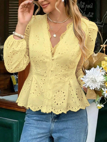 Women's Commuting, Casual, Versatile Yellow Embroidered Blouse With Lace Trim, Mushroom Button, Ruched Waist, Lined, Elastic Cuff Long Sleeve, Suitable For Work, Beach, Holiday, Spring/Summer/Autumn V