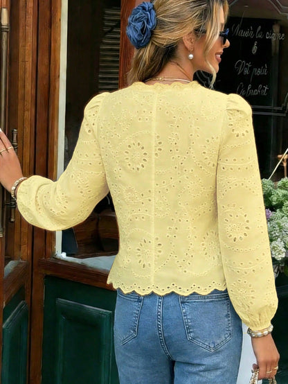 Women's Commuting, Casual, Versatile Yellow Embroidered Blouse With Lace Trim, Mushroom Button, Ruched Waist, Lined, Elastic Cuff Long Sleeve, Suitable For Work, Beach, Holiday, Spring/Summer/Autumn V
