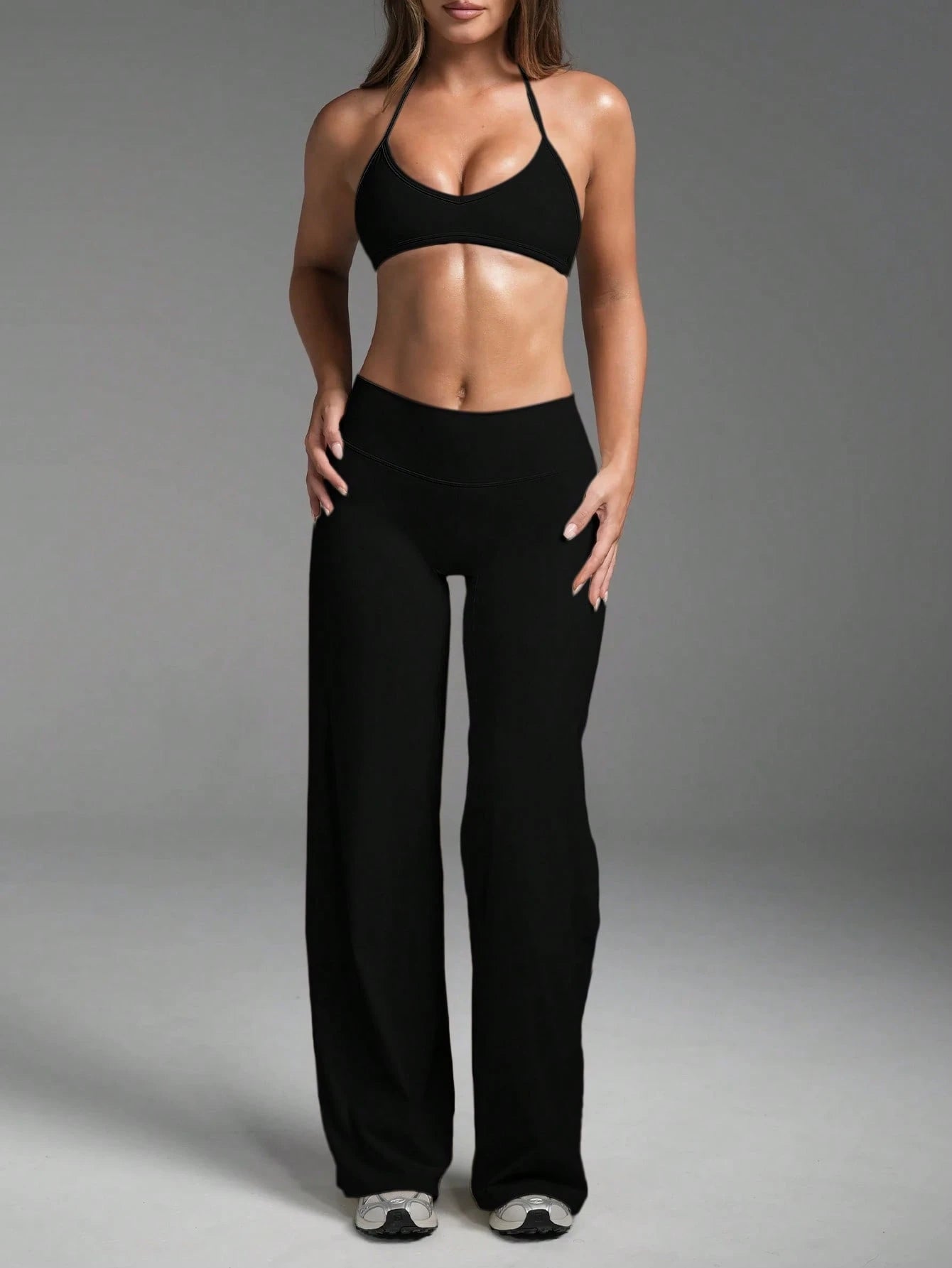 Women's Commuting Sports Elegant Modern Workplace Solid Color Slim Fit Flare Pants Black Spring