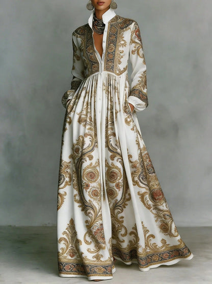Women's Contrast Long Sleeve Paisley Print Collared Button Front Pocket High Waist Floor Maxi Dress Vintage Resort Elegant Dress