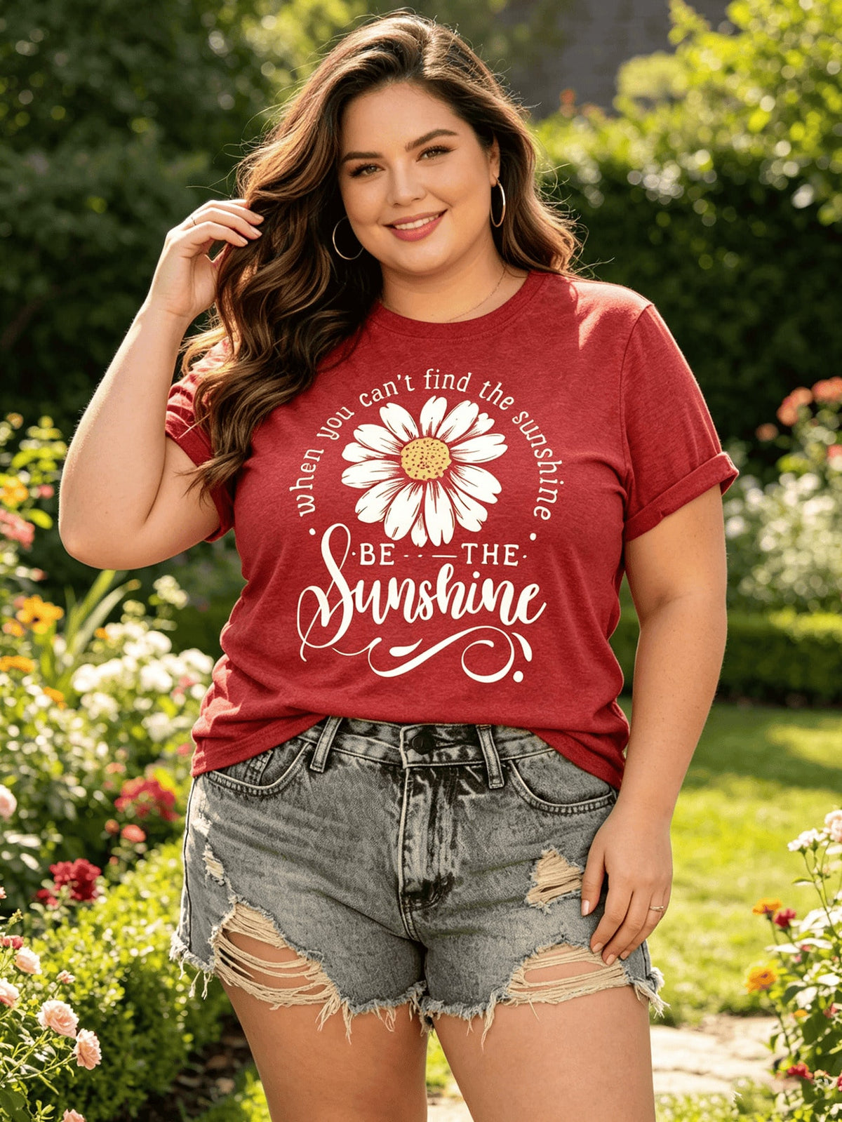 Women's Cotton Blend T Shirt Short Sleeved Soft Loose Fit Daisy Print T Shirt With 'Be The Sunshine' Quote Lightweight Stretch Top Suitable