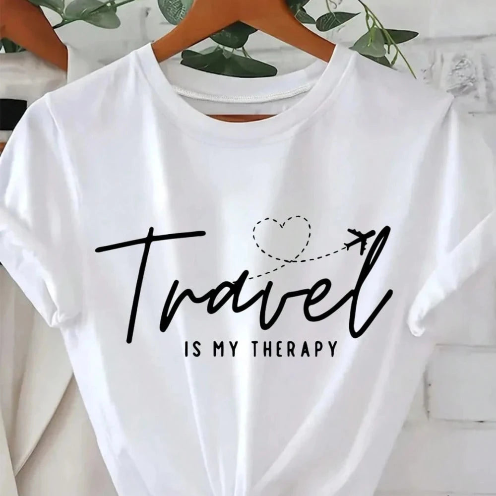 Women's Cotton T-Shirt, "Travel Is My Relax" Letter,Airplane & Heart Print,White Loose Round Neck Short Sleeve Tee,Breathable For Summer Daily Wear