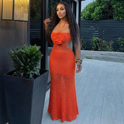 Women's Crochet Knit Maxi Dress With Fringe Sexy See Through Cutout Halter Backless Boho Style Beach Party Vacation Summer Outfit Resort Wear