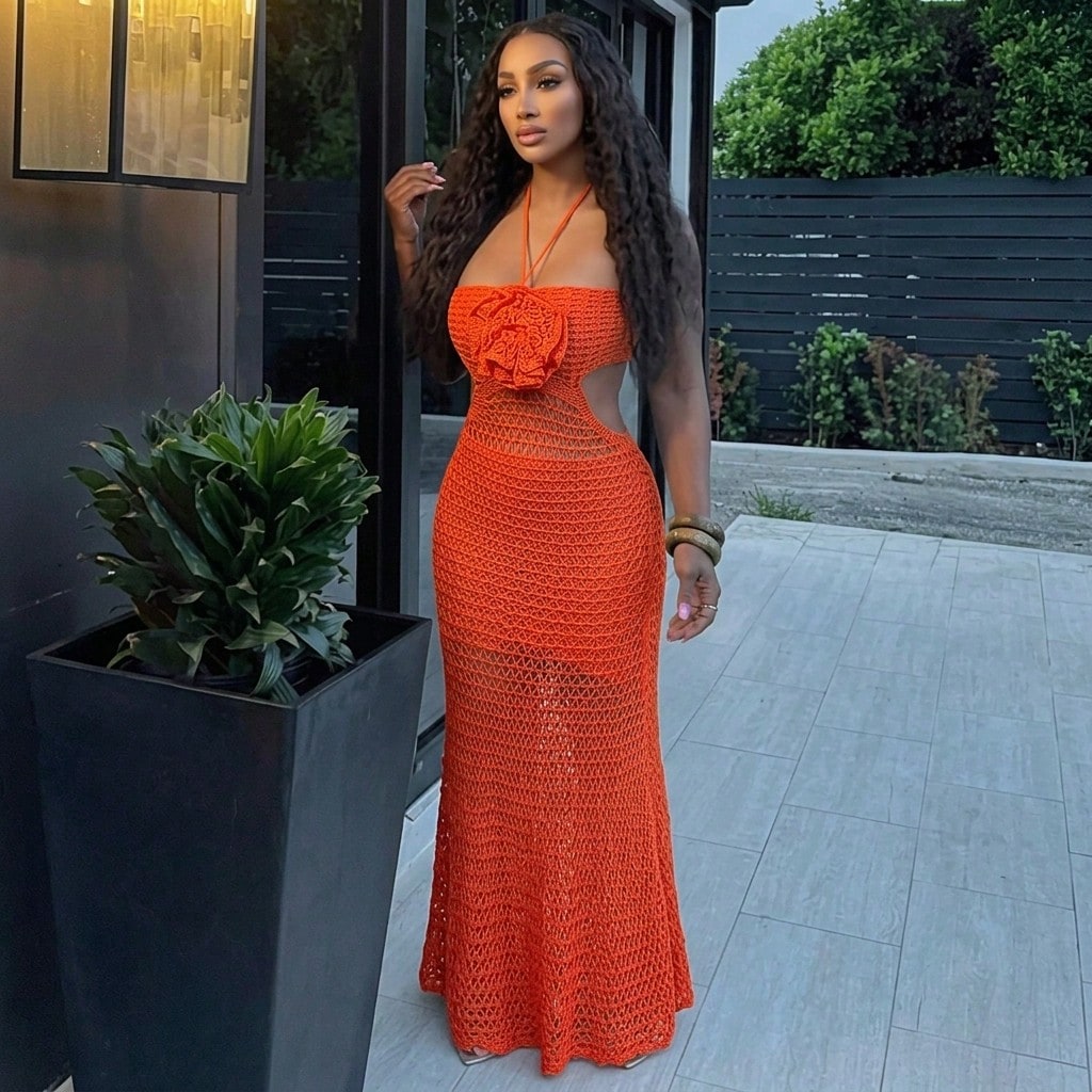 Women's Crochet Knit Maxi Dress With Fringe Sexy See Through Cutout Halter Backless Boho Style Beach Party Vacation Summer Outfit Resort Wear
