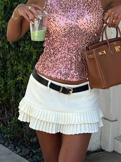 Women's Cute Double-Layer White Skirt- Pleated Mini With Adjustable Waist Belt, Versatile Solid Color For Daily Wear & Vacations