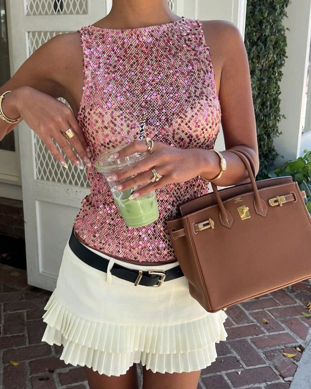 Women's Cute Double-Layer White Skirt- Pleated Mini With Adjustable Waist Belt, Versatile Solid Color For Daily Wear & Vacations