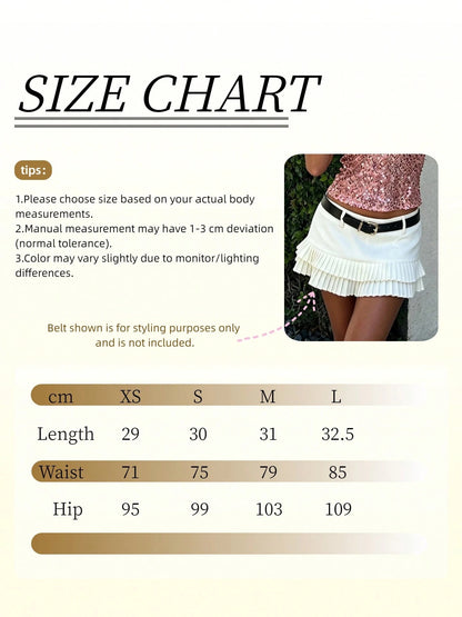 Women's Cute Double-Layer White Skirt- Pleated Mini With Adjustable Waist Belt, Versatile Solid Color For Daily Wear & Vacations