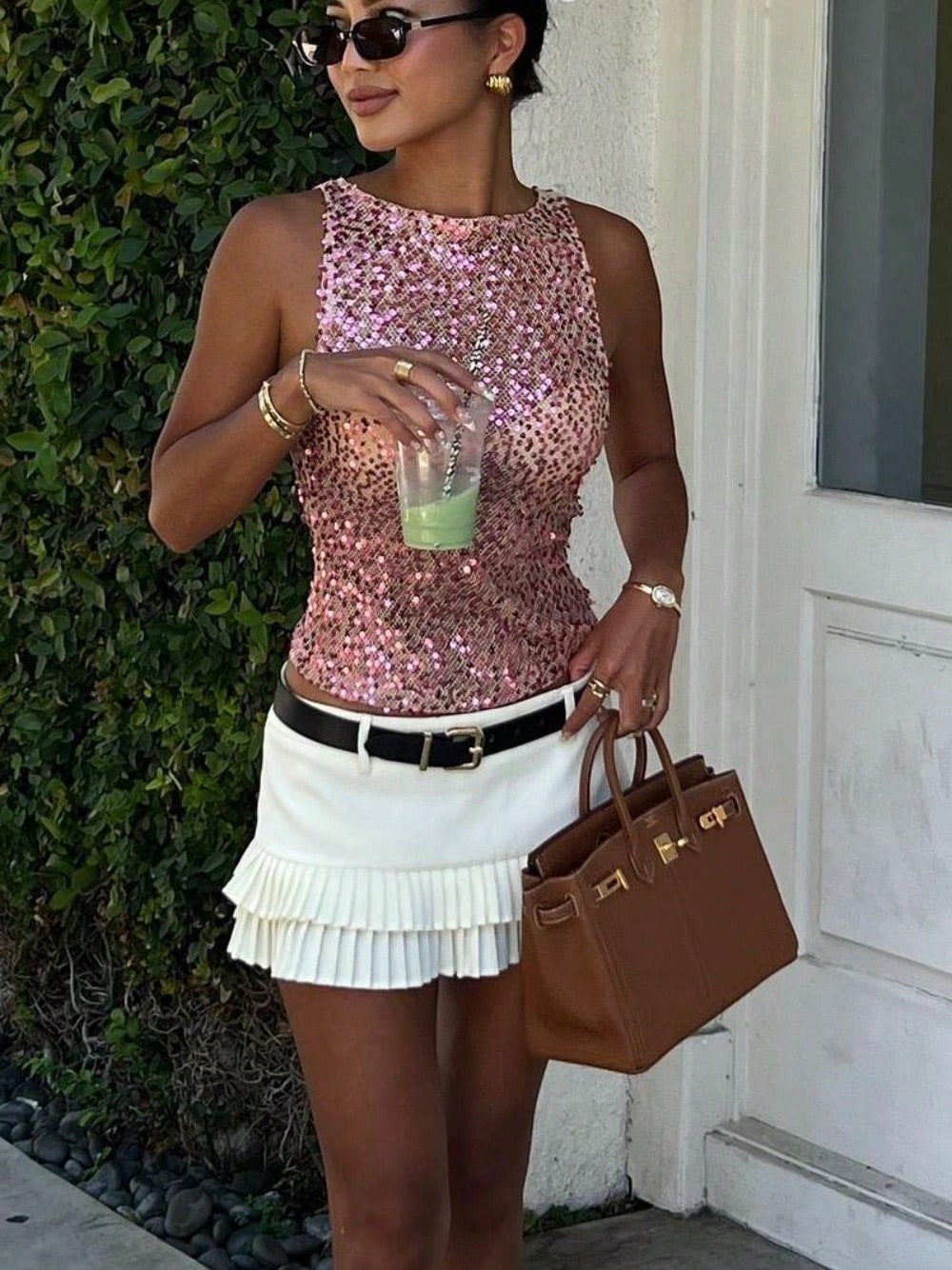Women's Cute Double-Layer White Skirt- Pleated Mini With Adjustable Waist Belt, Versatile Solid Color For Daily Wear & Vacations