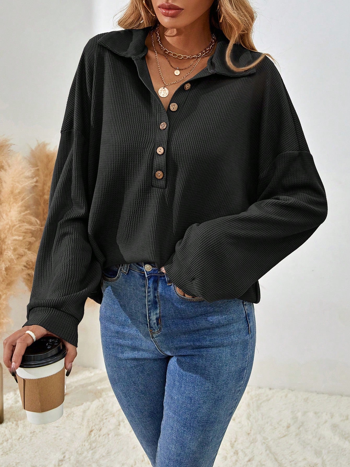 Women's Drop Shoulder V-Neck Half Button Tee Fall Cloth For Women