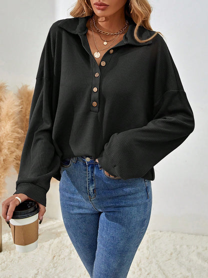 Women's Drop Shoulder V-Neck Half Button Tee Fall Cloth For Women