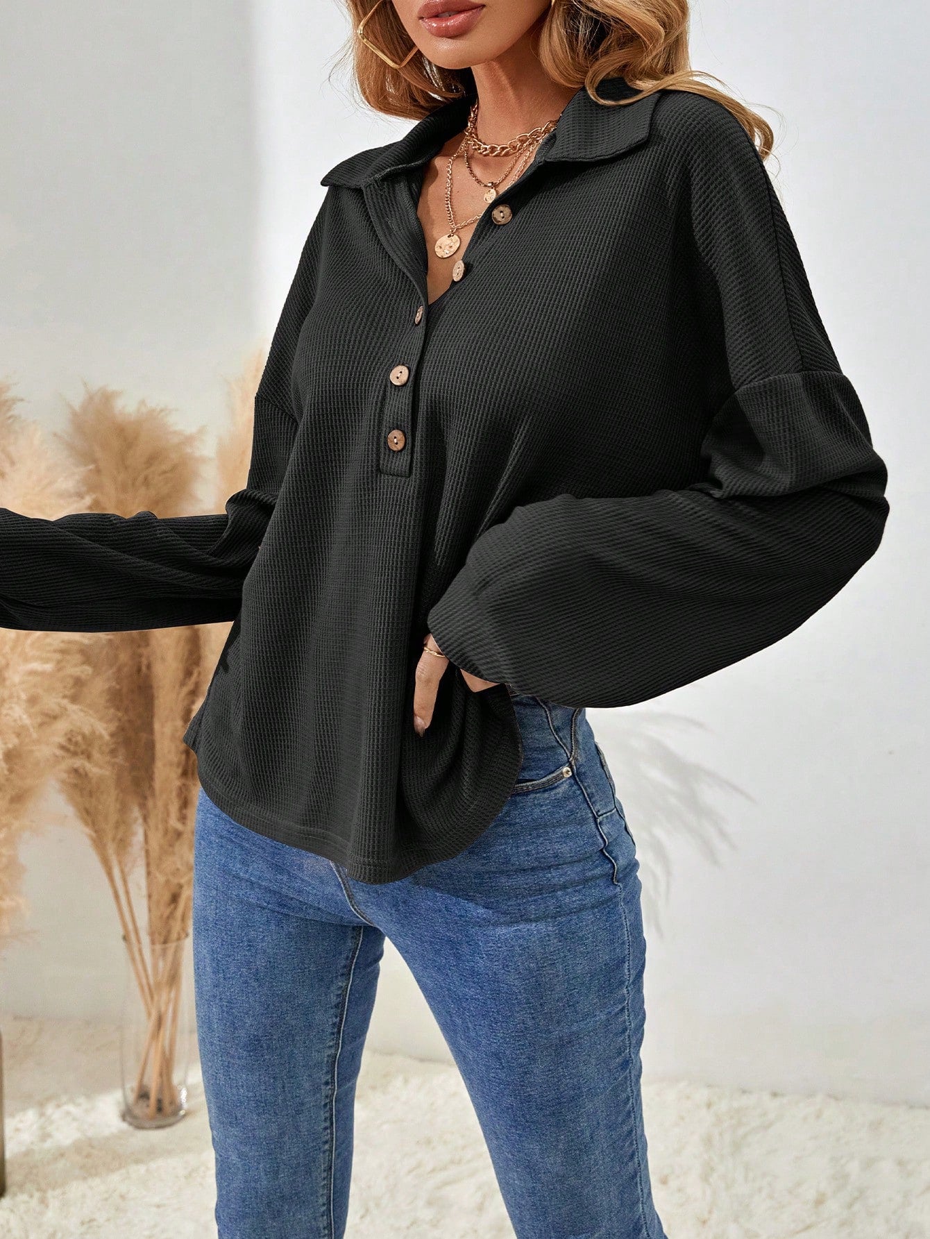 Women's Drop Shoulder V-Neck Half Button Tee Fall Cloth For Women