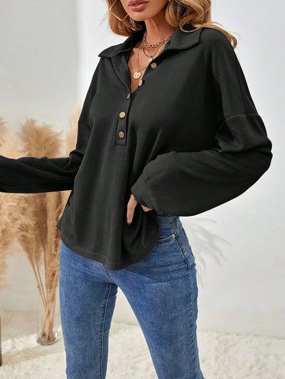 Women's Drop Shoulder V-Neck Half Button Tee Fall Cloth For Women