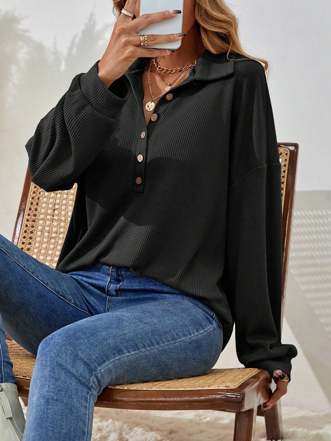 Women's Drop Shoulder V-Neck Half Button Tee Fall Cloth For Women