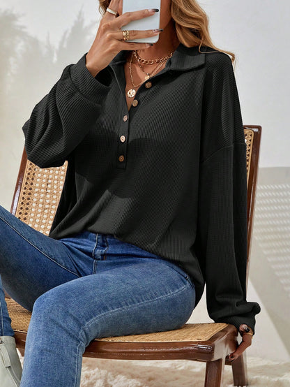 Women's Drop Shoulder V-Neck Half Button Tee Fall Cloth For Women