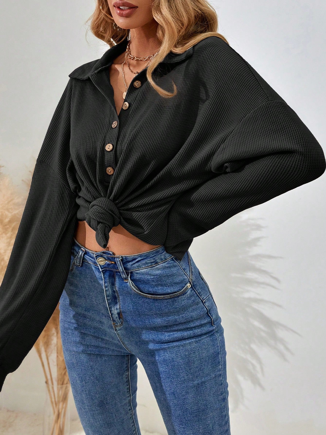 Women's Drop Shoulder V-Neck Half Button Tee Fall Cloth For Women