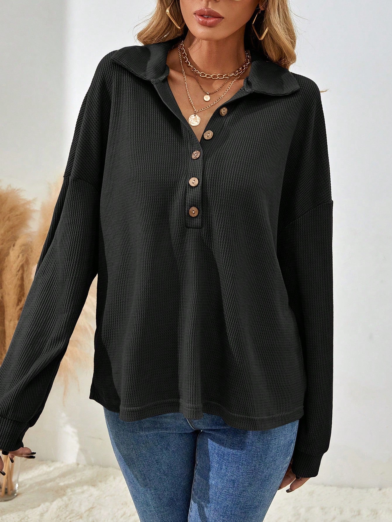 Women's Drop Shoulder V-Neck Half Button Tee Fall Cloth For Women