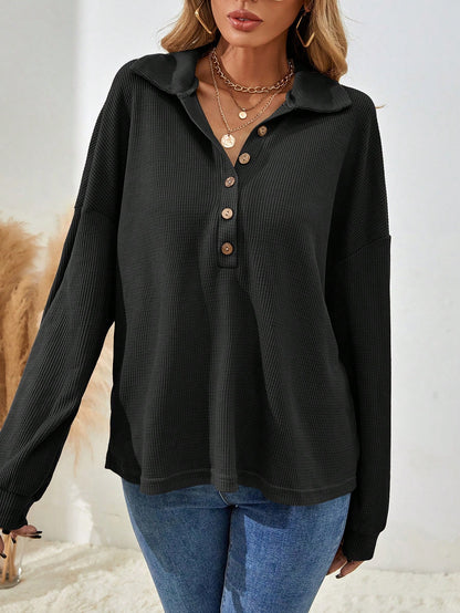 Women's Drop Shoulder V-Neck Half Button Tee Fall Cloth For Women