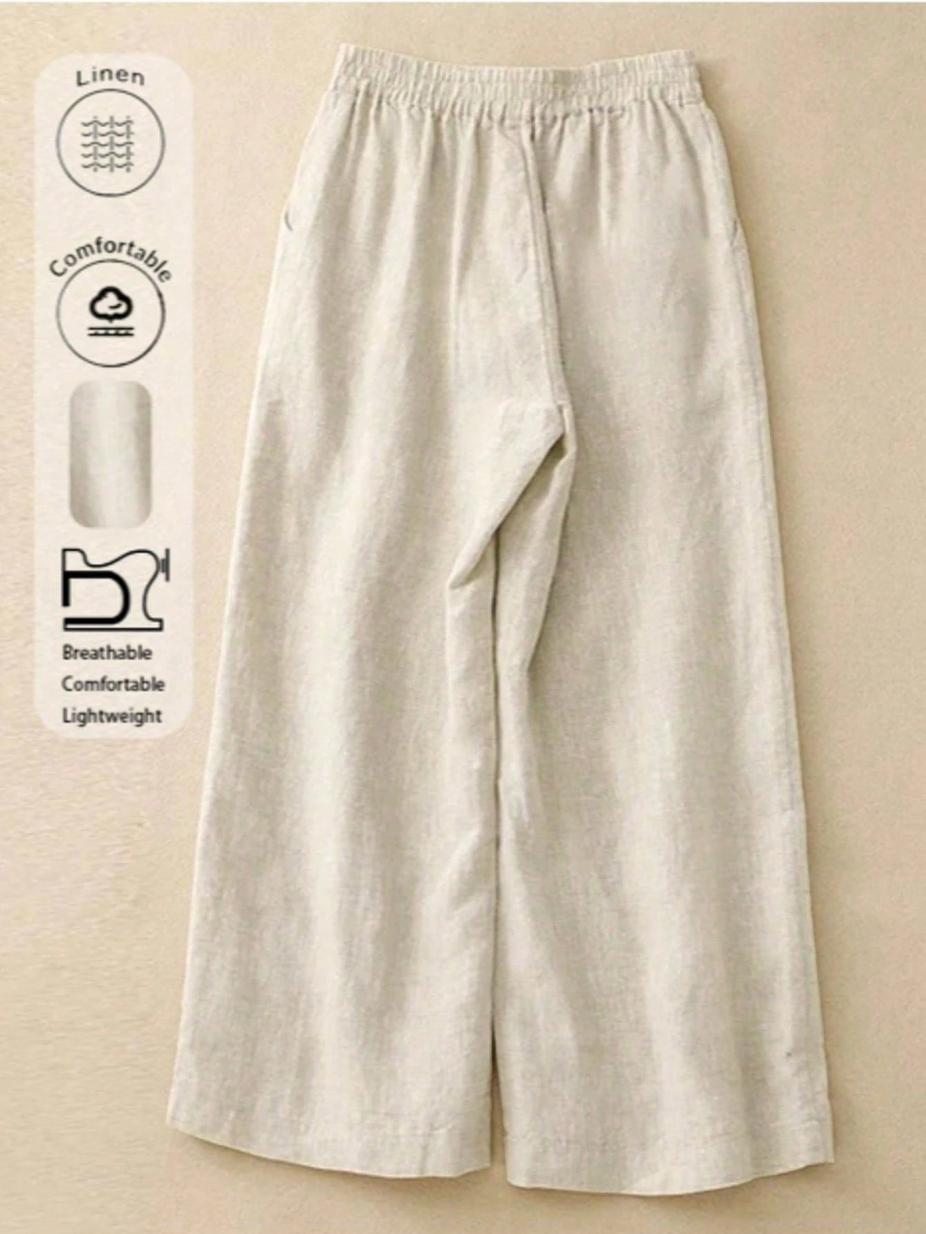 Women's Elastic Waist Linen Long Pants, Breathable Hand-Stitched Button Detail Casual Trousers, Suitable For Spring, Autumn, Summer, Effortless Style