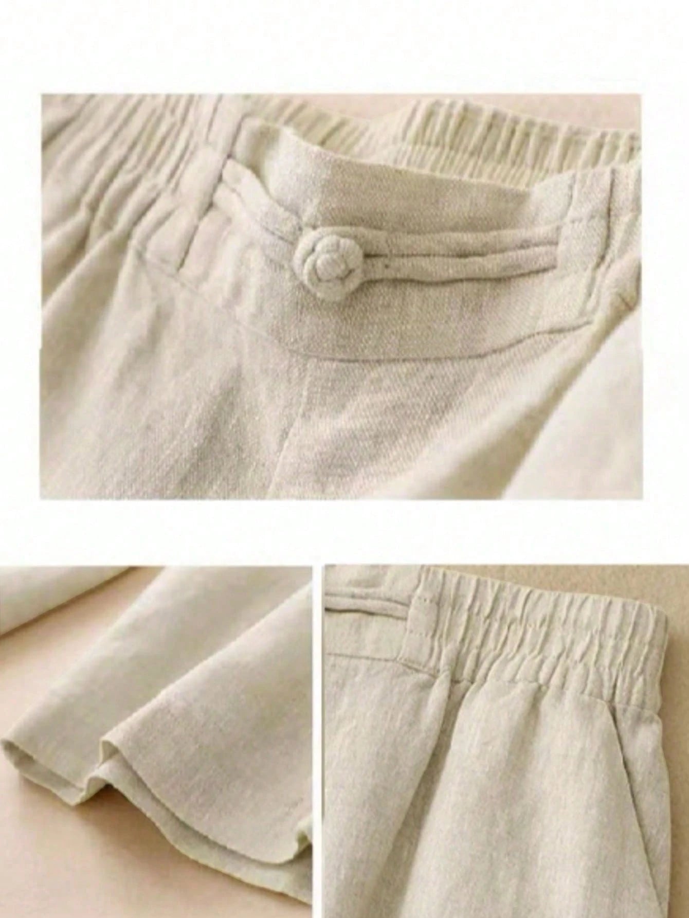 Women's Elastic Waist Linen Long Pants, Breathable Hand-Stitched Button Detail Casual Trousers, Suitable For Spring, Autumn, Summer, Effortless Style