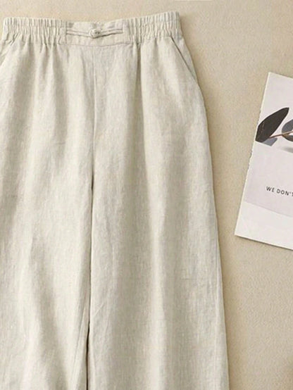 Women's Elastic Waist Linen Long Pants, Breathable Hand-Stitched Button Detail Casual Trousers, Suitable For Spring, Autumn, Summer, Effortless Style