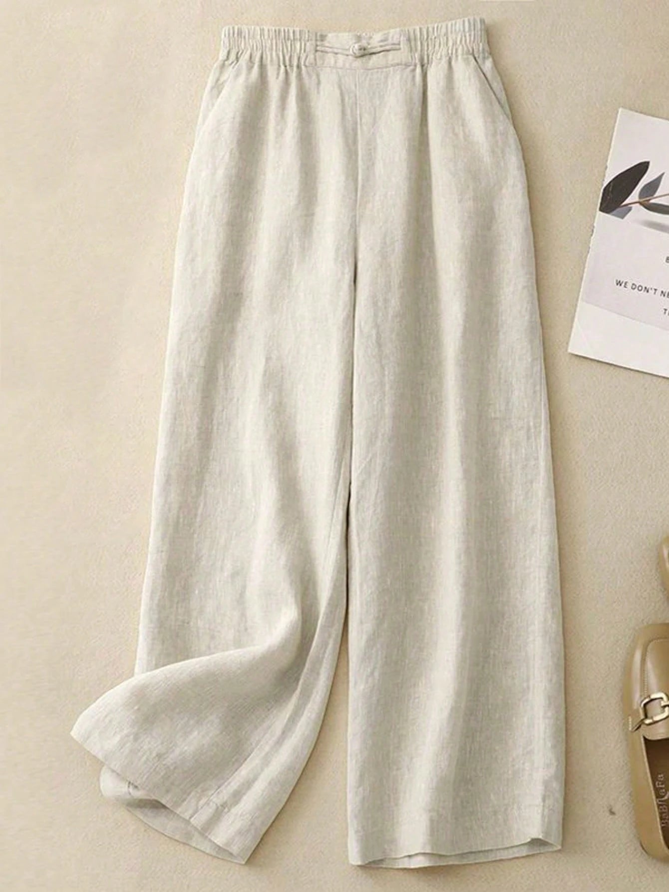 Women's Elastic Waist Linen Long Pants, Breathable Hand-Stitched Button Detail Casual Trousers, Suitable For Spring, Autumn, Summer, Effortless Style
