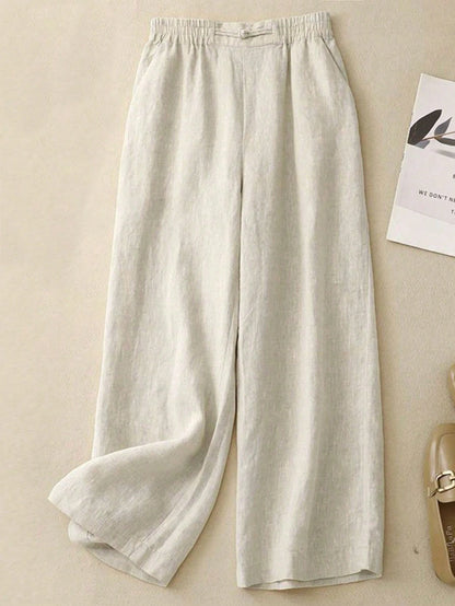 Women's Elastic Waist Linen Long Pants, Breathable Hand-Stitched Button Detail Casual Trousers, Suitable For Spring, Autumn, Summer, Effortless Style
