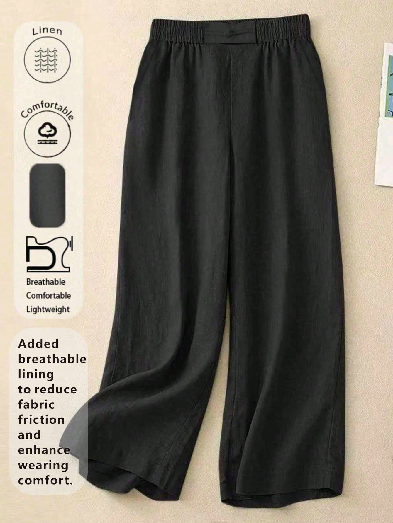 Women's Elastic Waist Linen Long Pants, Breathable Hand-Stitched Button Detail Casual Trousers, Suitable For Spring, Autumn, Summer, Effortless Style