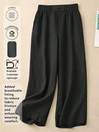 Women's Elastic Waist Linen Long Pants, Breathable Hand-Stitched Button Detail Casual Trousers, Suitable For Spring, Autumn, Summer, Effortless Style