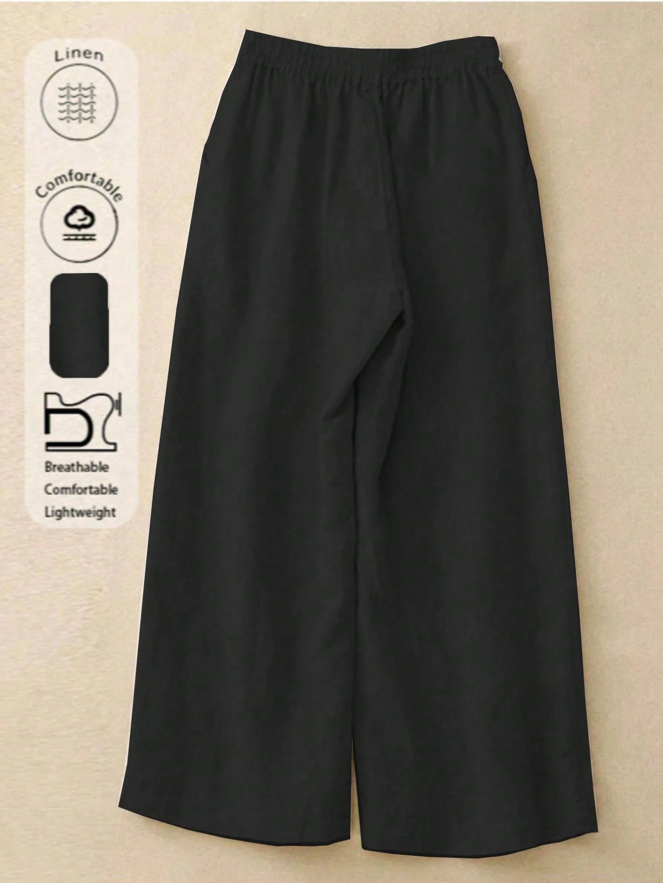 Women's Elastic Waist Linen Long Pants, Breathable Hand-Stitched Button Detail Casual Trousers, Suitable For Spring, Autumn, Summer, Effortless Style