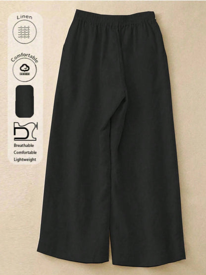 Women's Elastic Waist Linen Long Pants, Breathable Hand-Stitched Button Detail Casual Trousers, Suitable For Spring, Autumn, Summer, Effortless Style