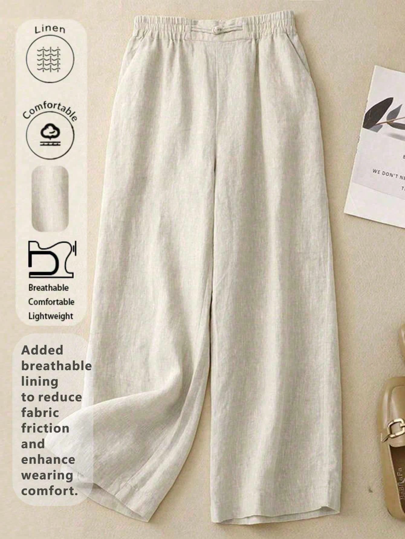Women's Elastic Waist Linen Long Pants, Breathable Hand-Stitched Button Detail Casual Trousers, Suitable For Spring, Autumn, Summer, Effortless Style