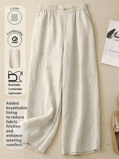 Women's Elastic Waist Linen Long Pants, Breathable Hand-Stitched Button Detail Casual Trousers, Suitable For Spring, Autumn, Summer, Effortless Style