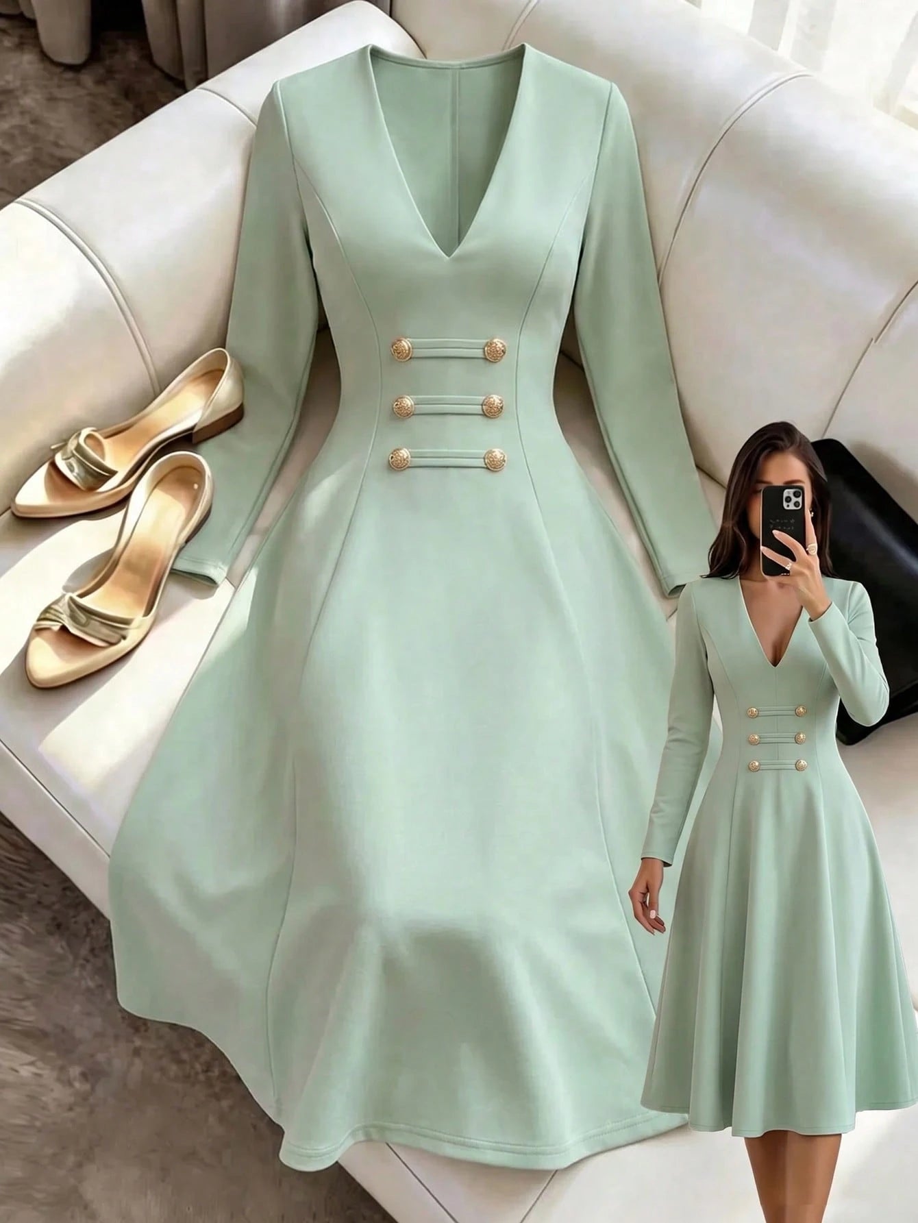 Women's Elegant Casual Beach Vacation Solid Color Cinched Waist Midi Dress, Soft Fabric Long Sleeve Travel Outfit