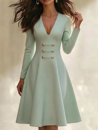 Women's Elegant Casual Beach Vacation Solid Color Cinched Waist Midi Dress, Soft Fabric Long Sleeve Travel Outfit