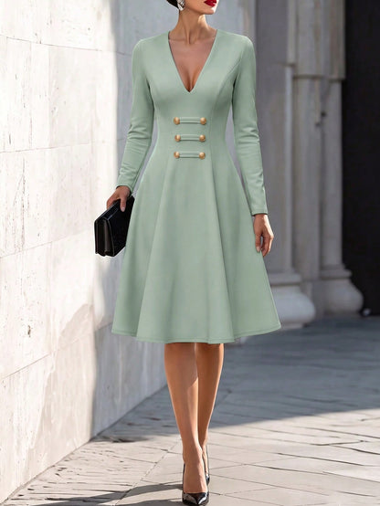 Women's Elegant Casual Beach Vacation Solid Color Cinched Waist Midi Dress, Soft Fabric Long Sleeve Travel Outfit