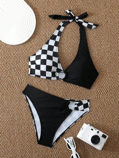 Women's Elegant Casual Sexy Backless Tie Knot Ring Bikini Set, Suitable For Vacation & Beach Black Summer