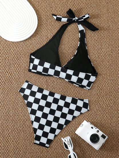 Women's Elegant Casual Sexy Backless Tie Knot Ring Bikini Set, Suitable For Vacation & Beach Black Summer