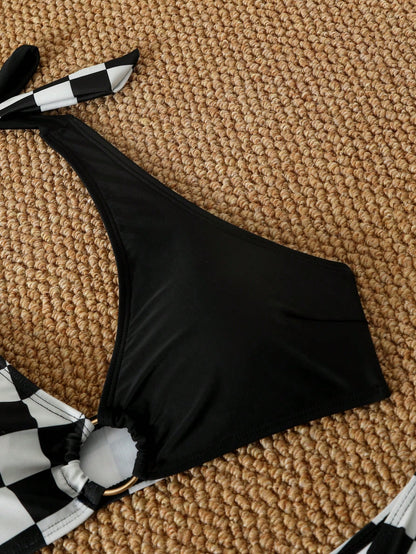 Women's Elegant Casual Sexy Backless Tie Knot Ring Bikini Set, Suitable For Vacation & Beach Black Summer