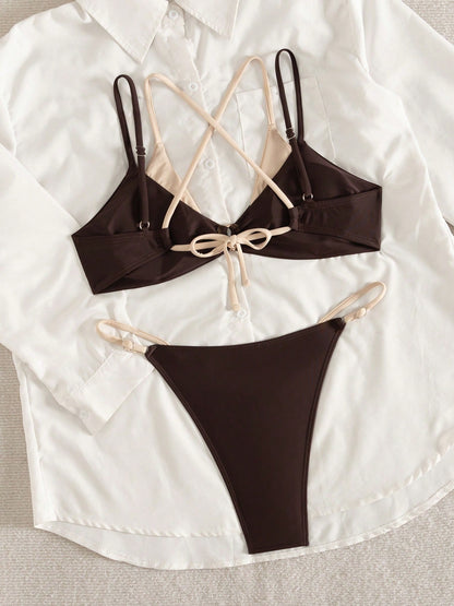 Women's Elegant High Elasticity Spaghetti Strap Bikini Set Backless Buckle Two-Tone Swimwear Vacation Beach Summer Brown, Resort Wear