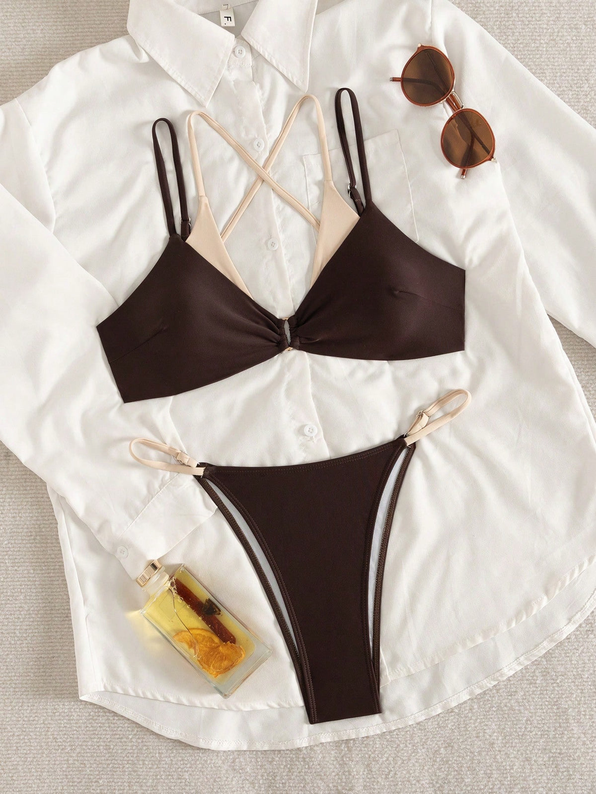 Women's Elegant High Elasticity Spaghetti Strap Bikini Set Backless Buckle Two-Tone Swimwear Vacation Beach Summer Brown, Resort Wear
