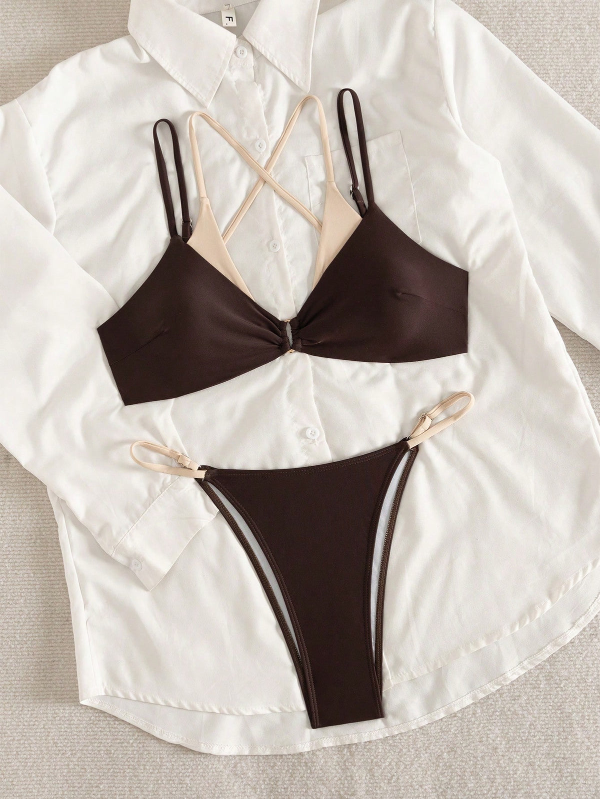 Women's Elegant High Elasticity Spaghetti Strap Bikini Set Backless Buckle Two-Tone Swimwear Vacation Beach Summer Brown, Resort Wear