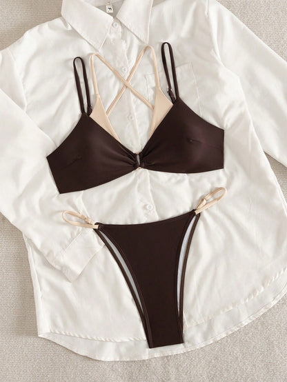 Women's Elegant High Elasticity Spaghetti Strap Bikini Set Backless Buckle Two-Tone Swimwear Vacation Beach Summer Brown, Resort Wear