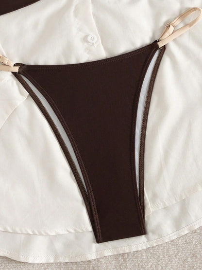 Women's Elegant High Elasticity Spaghetti Strap Bikini Set Backless Buckle Two-Tone Swimwear Vacation Beach Summer Brown, Resort Wear