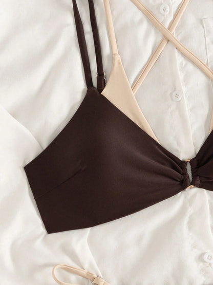 Women's Elegant High Elasticity Spaghetti Strap Bikini Set Backless Buckle Two-Tone Swimwear Vacation Beach Summer Brown, Resort Wear