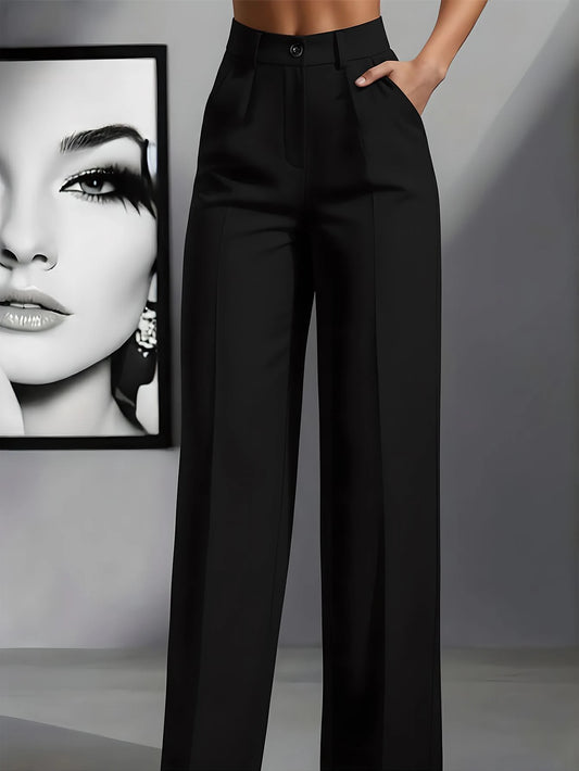 Women's Elegant High Waist Pleated Wide Leg Trousers Casual Office Commuting Drapey Suit Pants With Pockets Black, Effortless Style