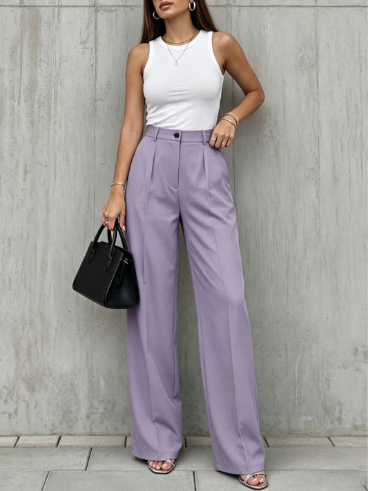 Women's Elegant High Waist Pleated Wide Leg Trousers Casual Office Commuting Drapey Suit Pants With Pockets