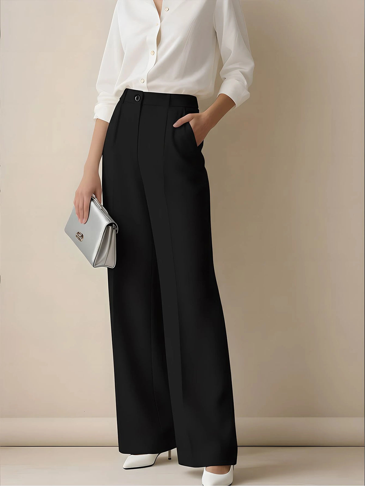 Women's Elegant High Waist Pleated Wide Leg Trousers Casual Office Commuting Drapey Suit Pants With Pockets Black, Effortless Style