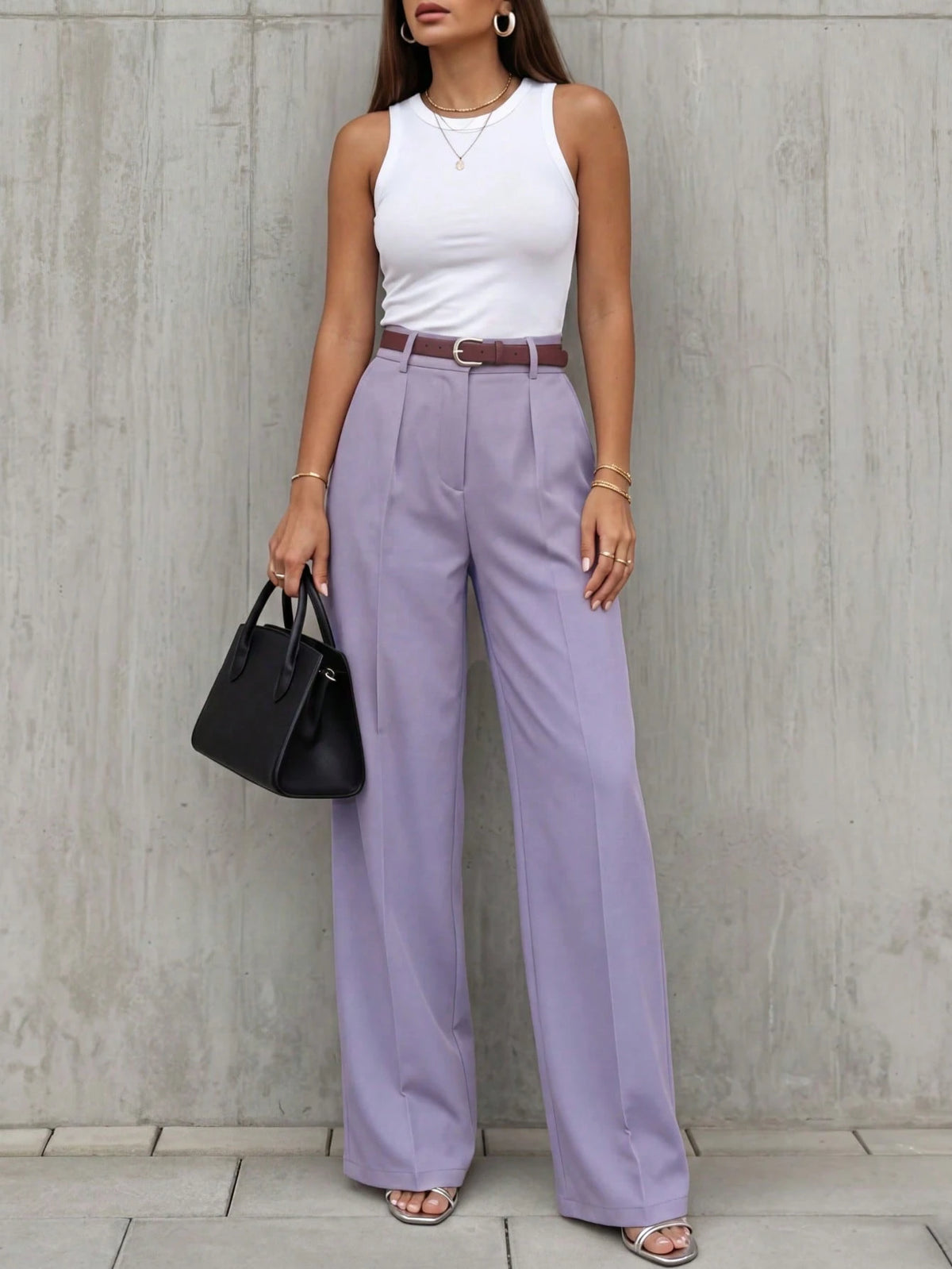 Women's Elegant High Waist Pleated Wide Leg Trousers Casual Office Commuting Drapey Suit Pants With Pockets