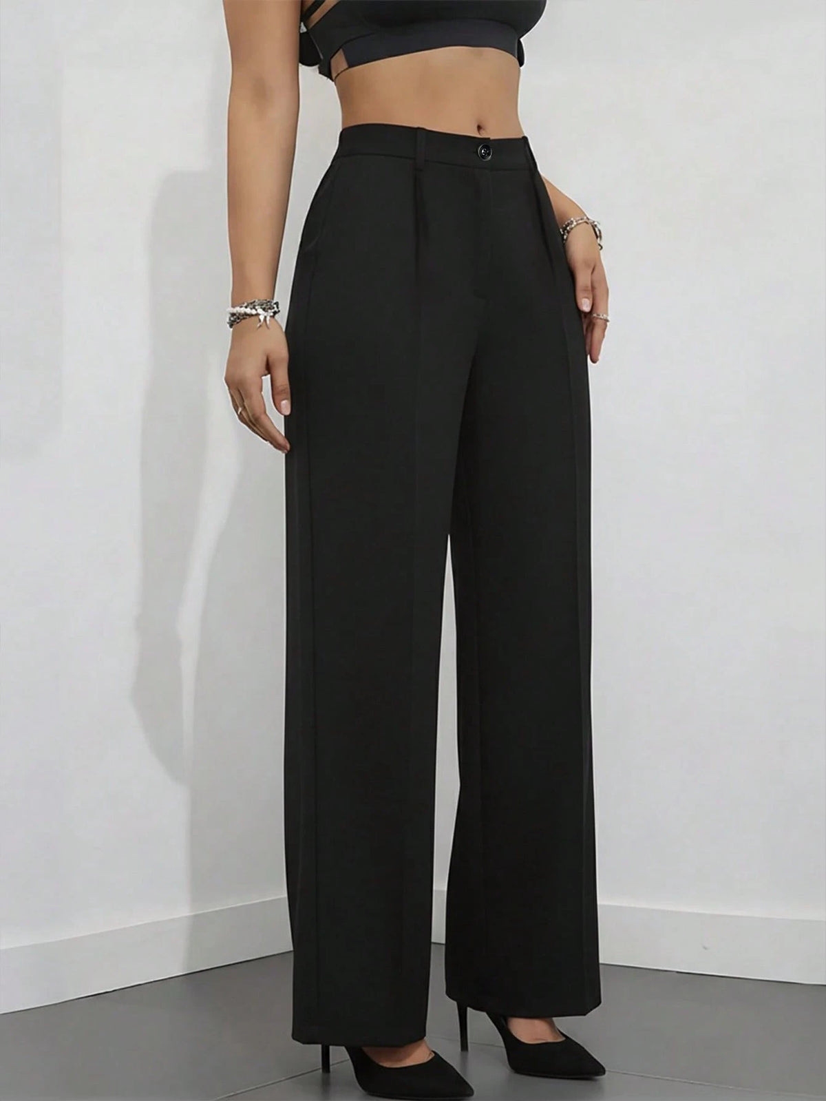 Women's Elegant High Waist Pleated Wide Leg Trousers Casual Office Commuting Drapey Suit Pants With Pockets Black, Effortless Style
