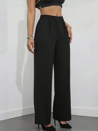 Women's Elegant High Waist Pleated Wide Leg Trousers Casual Office Commuting Drapey Suit Pants With Pockets Black, Effortless Style